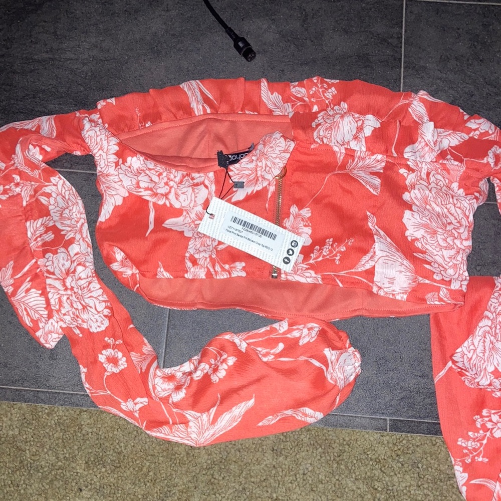 Floral print bardot frill blouson crop top